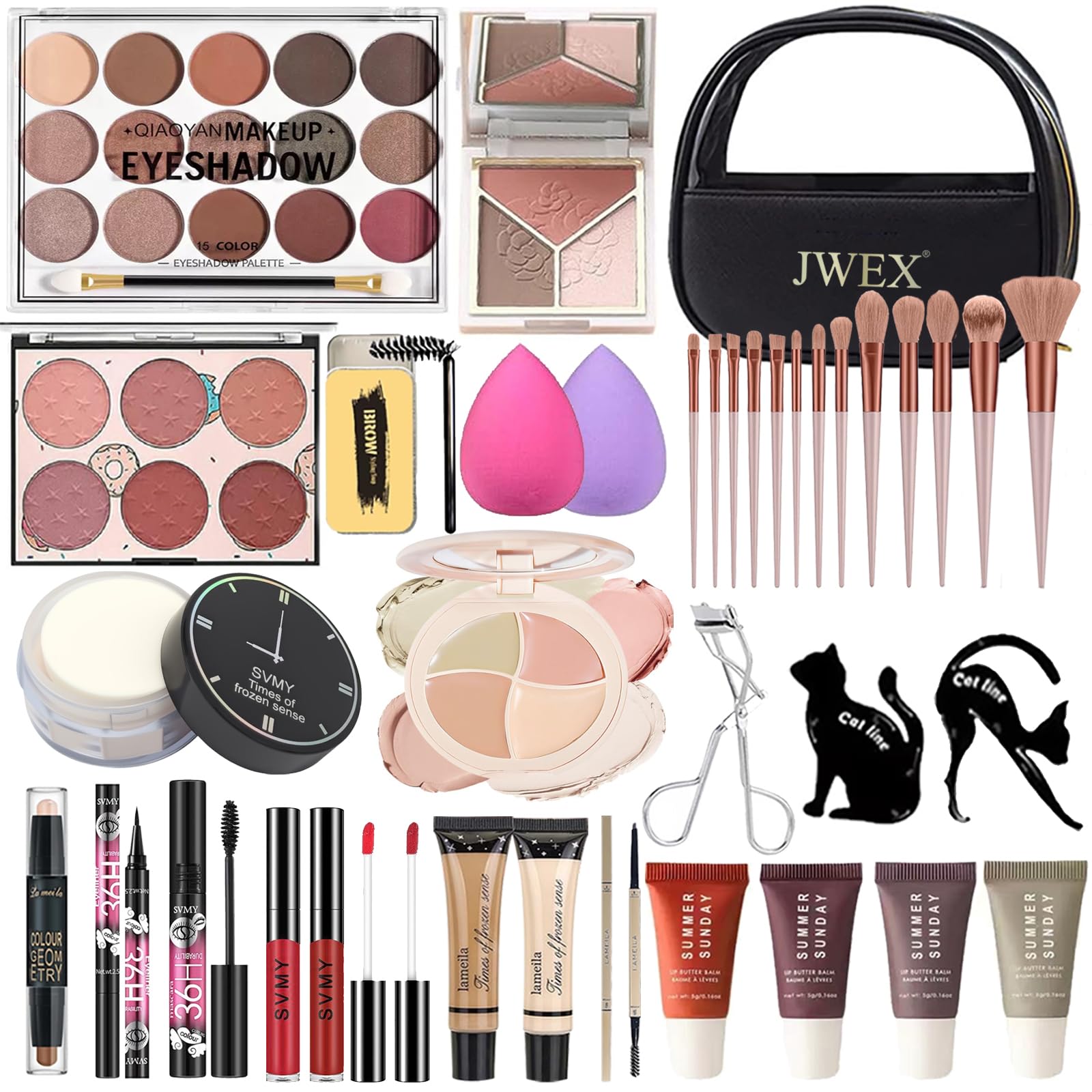 37 Pcs All in One Makeup Kit, Make up Set, Multifunktions Kosmetik Schmink Kit Frauen, enthält 15 Farben Lidschatten Palette, Make-up-Pinsel, Lippenstift, Makeup Schwamm