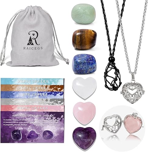 Raicegs Heart Shaped Crystals and Healing Stones 7 Chakra Crystal Necklace 0.8 inch Heart Gemstones Natural Stones Necklaces for Women Spiritual