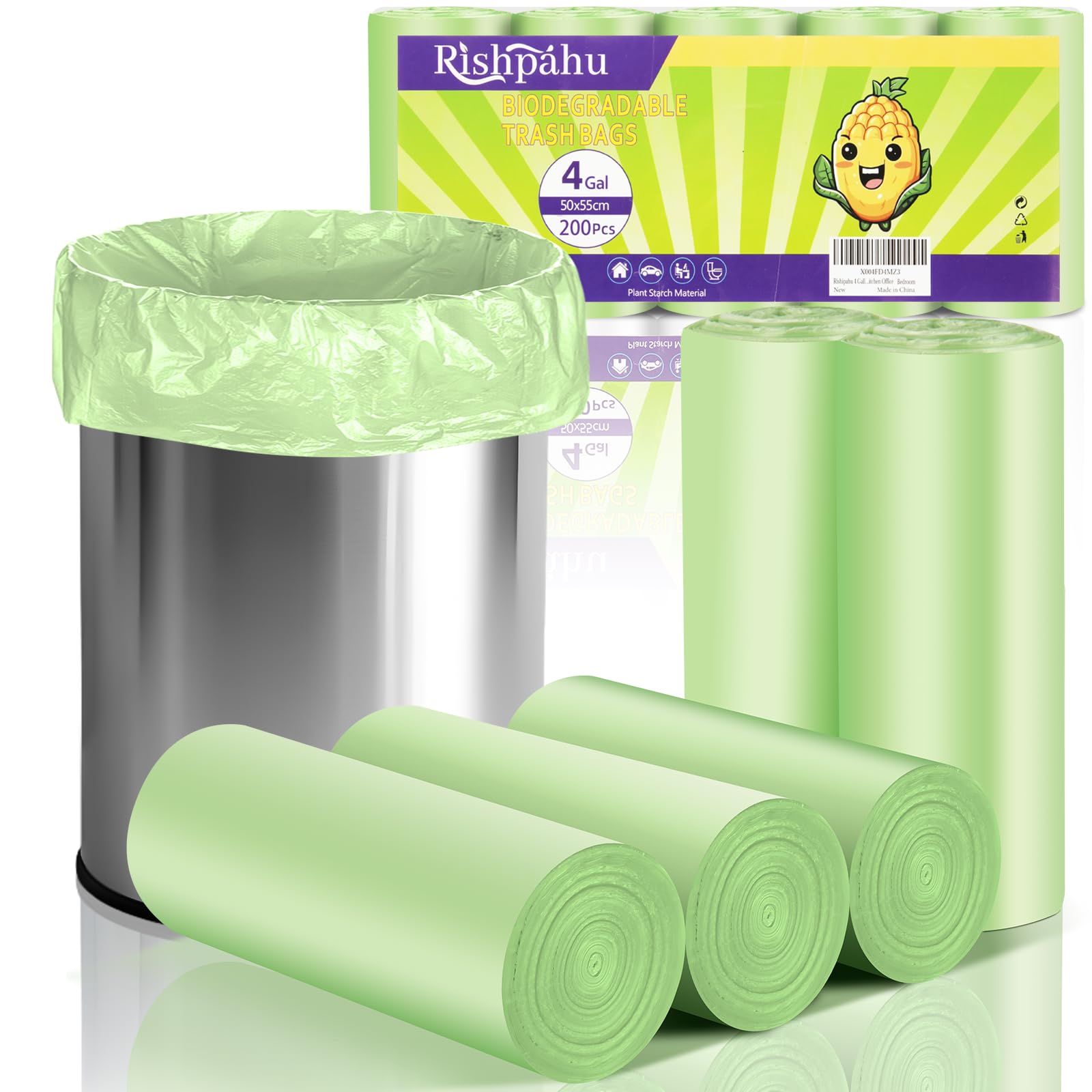 Rishipahu - Bolsas de basura pequeñas de 4 galones, 200 unidades, biodegradables, color verde, bolsas de basura para baño, oficina, dormitorio, bolsas de basura, sin perfume, 15 litros