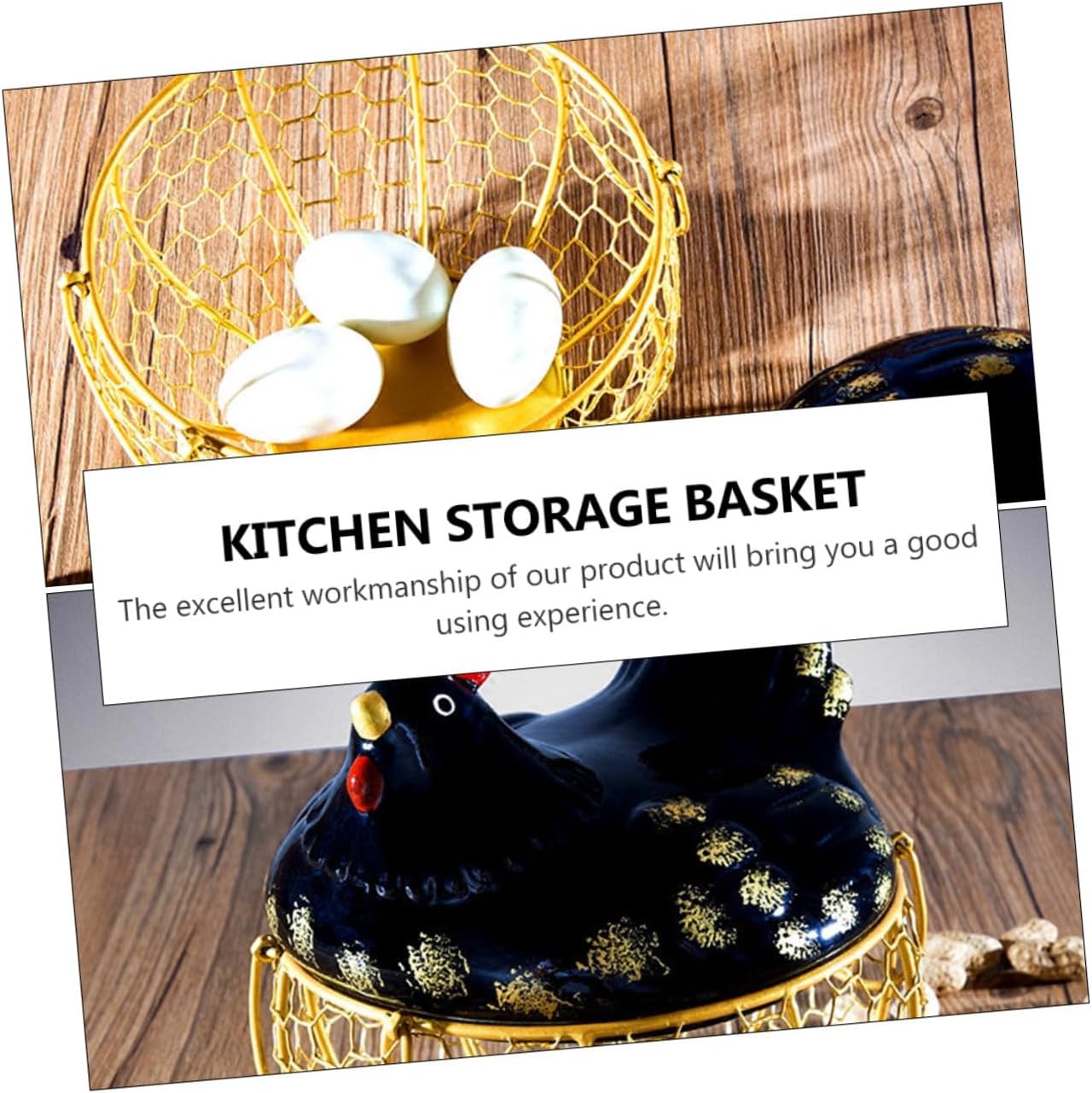 Farmhouse Style Iron Egg Basket with Black Metal Chicken Lid and Gold Wire Storage Rack, Kitchen Egg Holder and Food Storage Organizer for Countertop Use