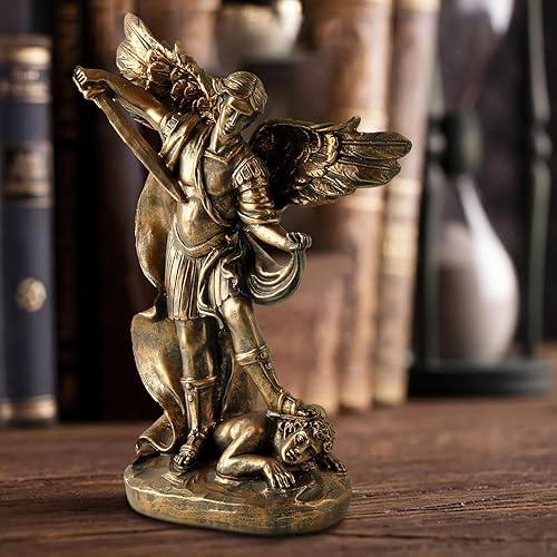 Miniatura 6 de Estatua de San Miguel Arcángel  Figura de resina con acabado de bronce de 5.32 pulgadas, ángel guerrero católico derrotando el mal, decoración