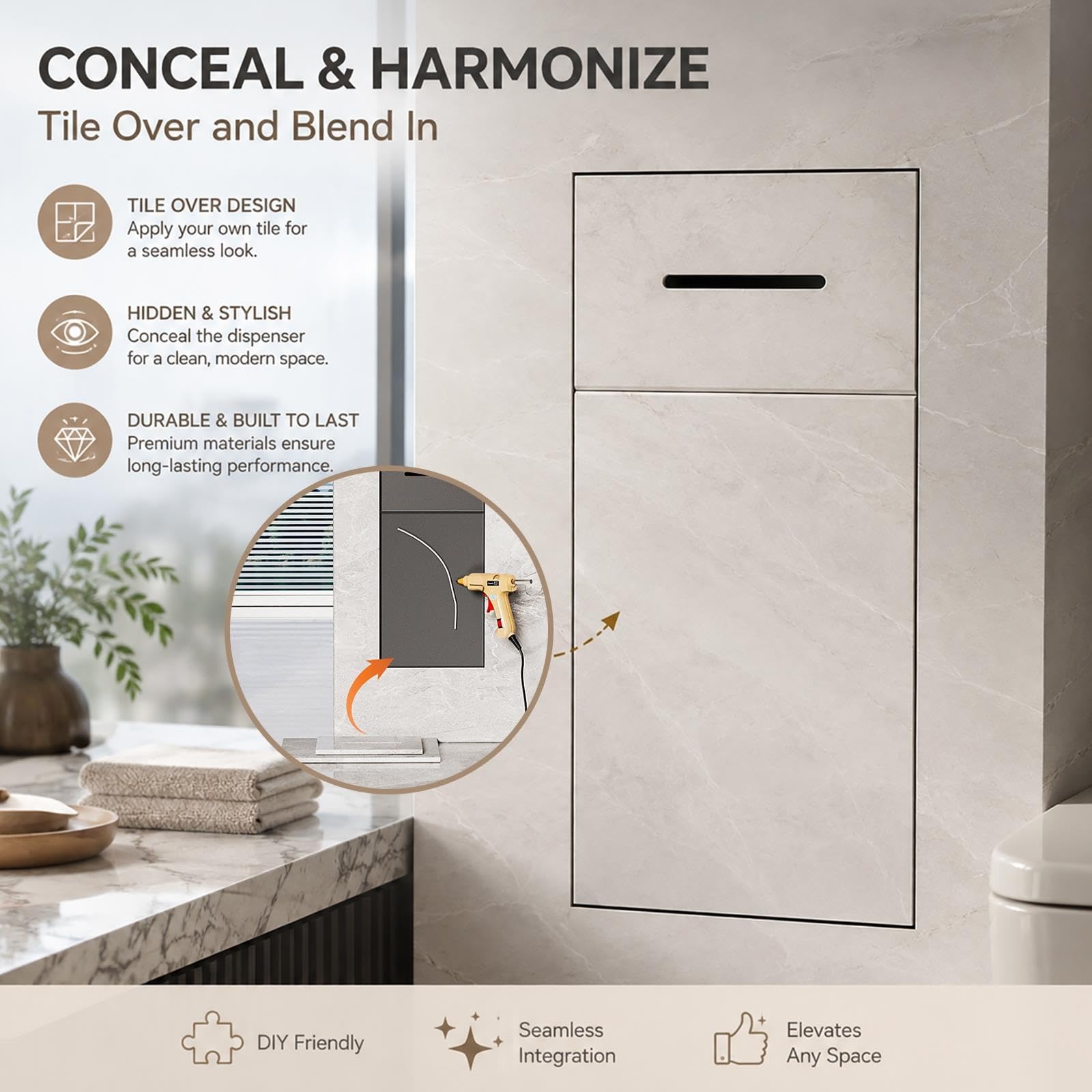 Nicho de Pared Empotrado Portarrollos, Papelera Oculta, Acero INOX 1mm