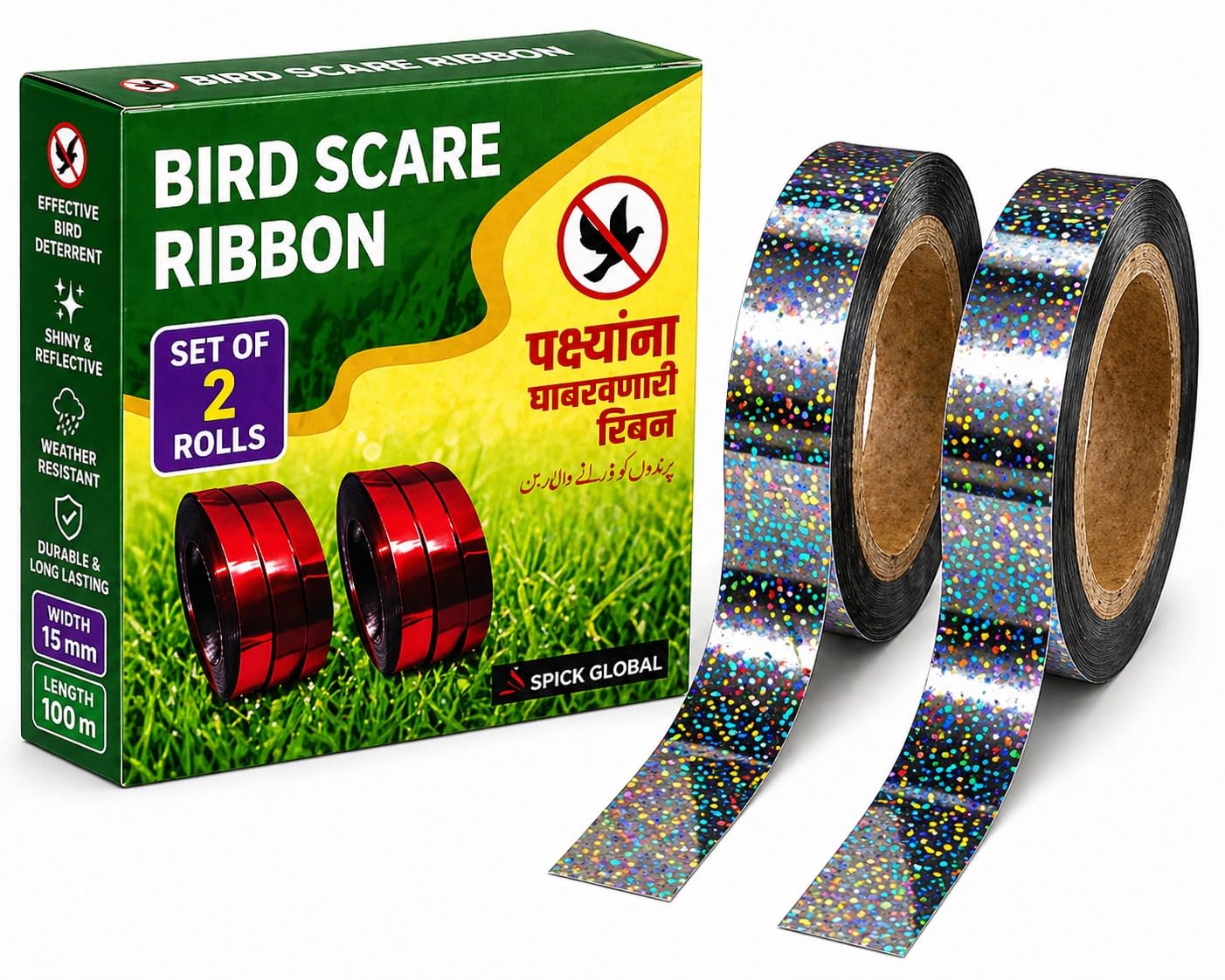 Bird Repellent Tape | Holographic Reflective Ribbon for Pigeon & Crow Control | 15mm x 100m | Silver & Red | Weatherproof, Eco-Friendly Bird Scare Deterrent (Pack of 2)-image-41