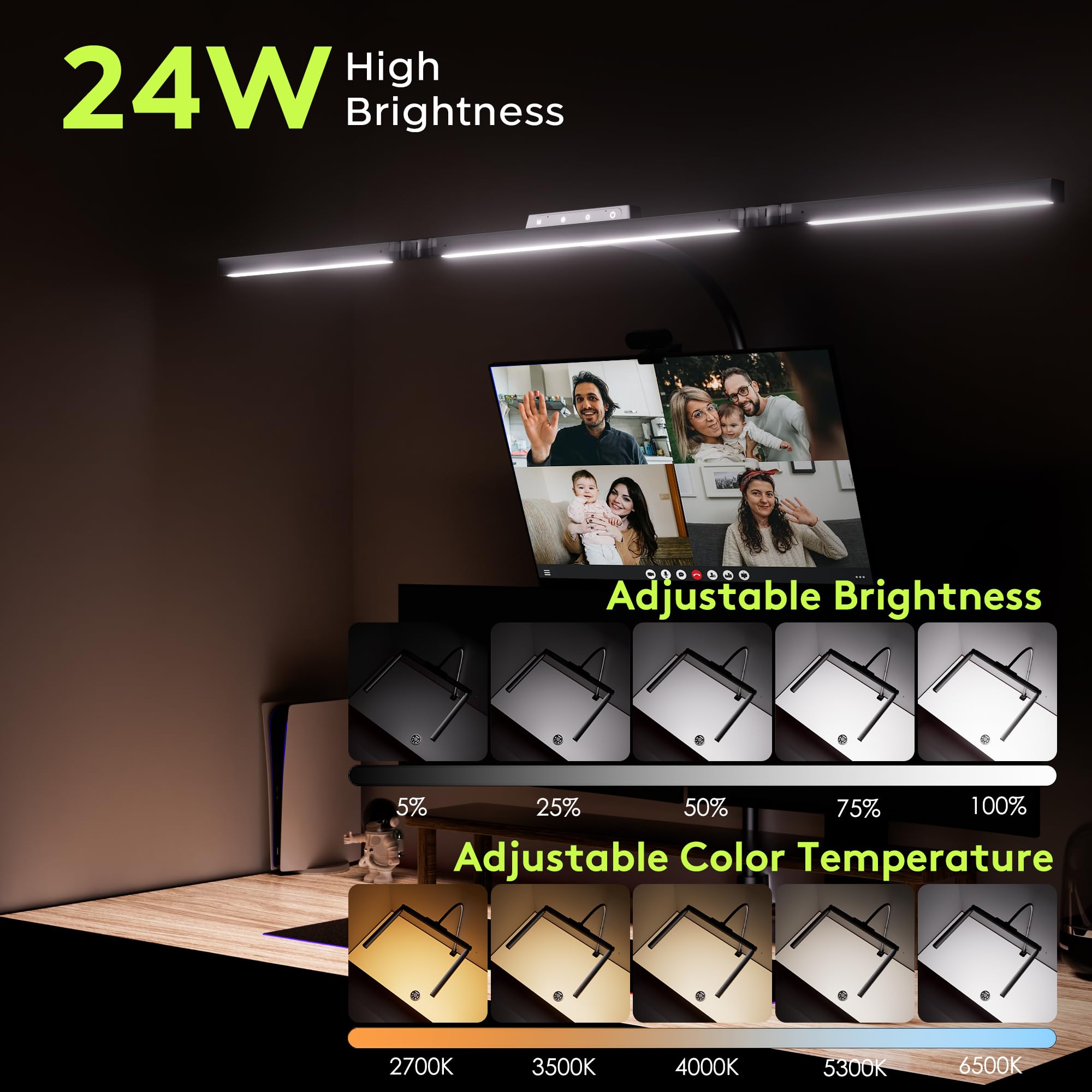 EYOCEAN Schreibtischlampe, Schreibtischlampe mit 3 Lichtquellen, 24W 100cm Tageslichtlampe Schreibtisch mit Fernbedienung, Dimmbare Monitor Lampe, Schwanenhals Büro Tischlampe