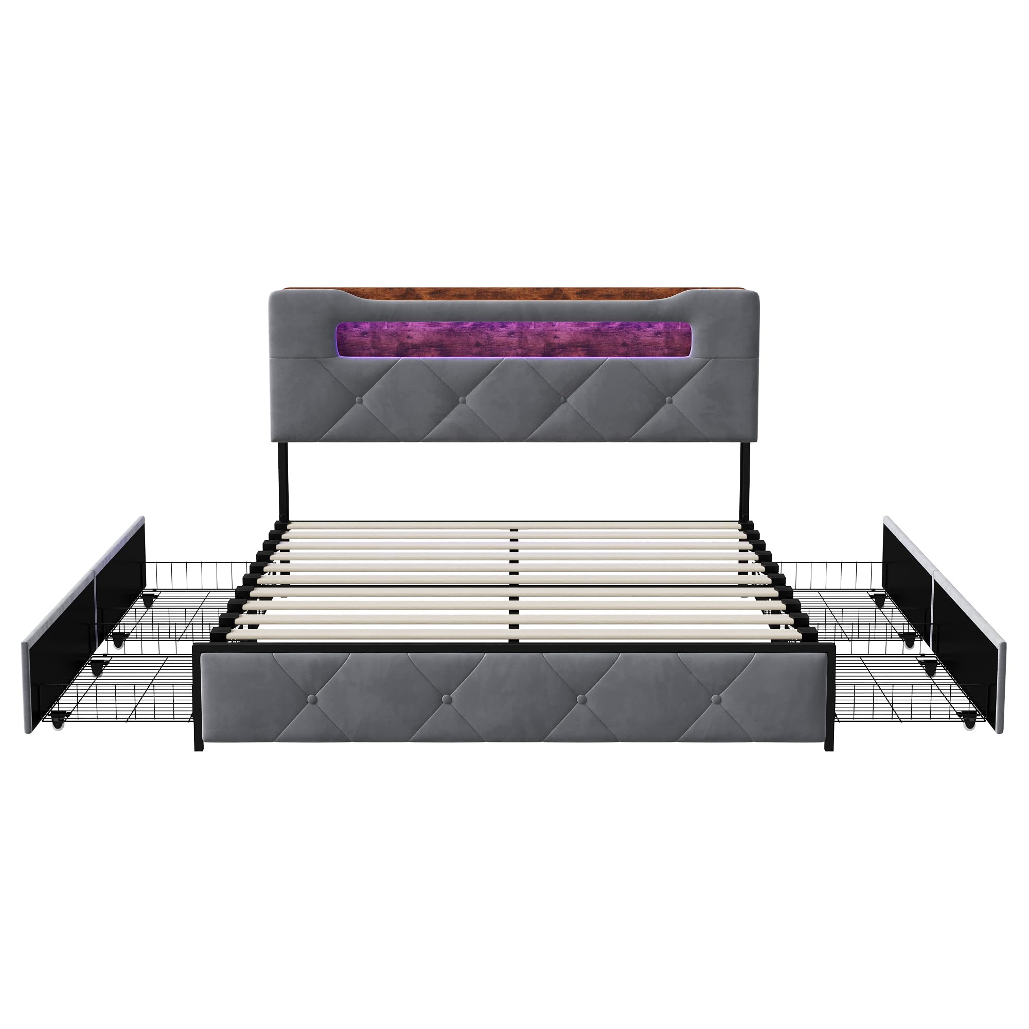 Letto 160x200 Matrimoniale, Letto con 4 cassetti, testiera con Illuminazione a LED e Funzione di Ricarica USB,Struttura Letto in Metallo con doghe in Legno，Letto Imbottito Velluto,Gris