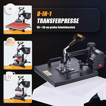 CREWORKS Heat Press 38 x 38 cm Hot Press Machine 8-in-1 Heat Press Machine Heat Press 360 Degree Swivel Cup Press and Cap Press Cup Hat Cap and T-Shirt Printing Machine for Home