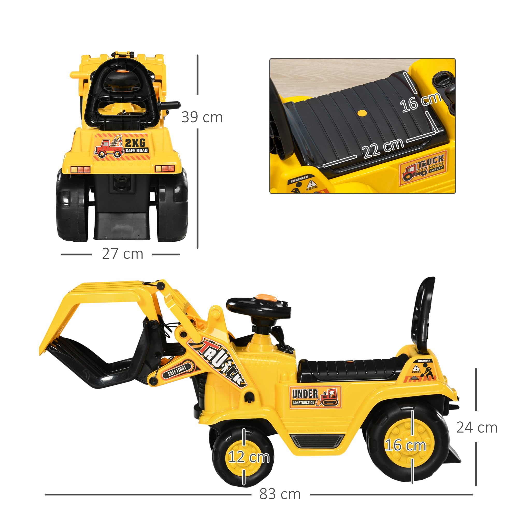 HOMCOM Tractor sin Pedales para Niños de +2 Años Excavadora Correpasillos Tractor Correpasillos con Pala Móvil Asiento de Almacenamiento y Bocina Carga 30 kg 83x27x39 cm Amarillo