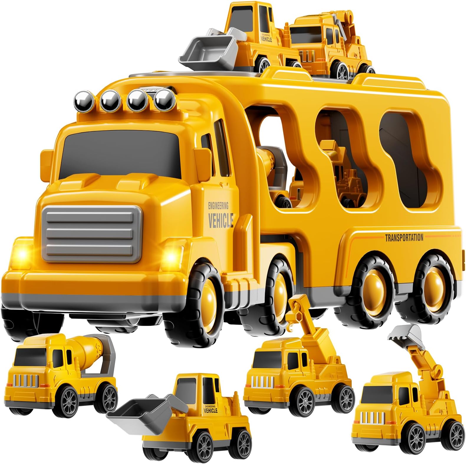 TEMI Construction Truck Toy - 5 in 1 Engineering Vehicle Set for 3-6 Year Old Boys & Girls - Includes Crane, Mixer, Bulldozer, Excavator & Truck - Lights, Sounds & Rotating Mechanism