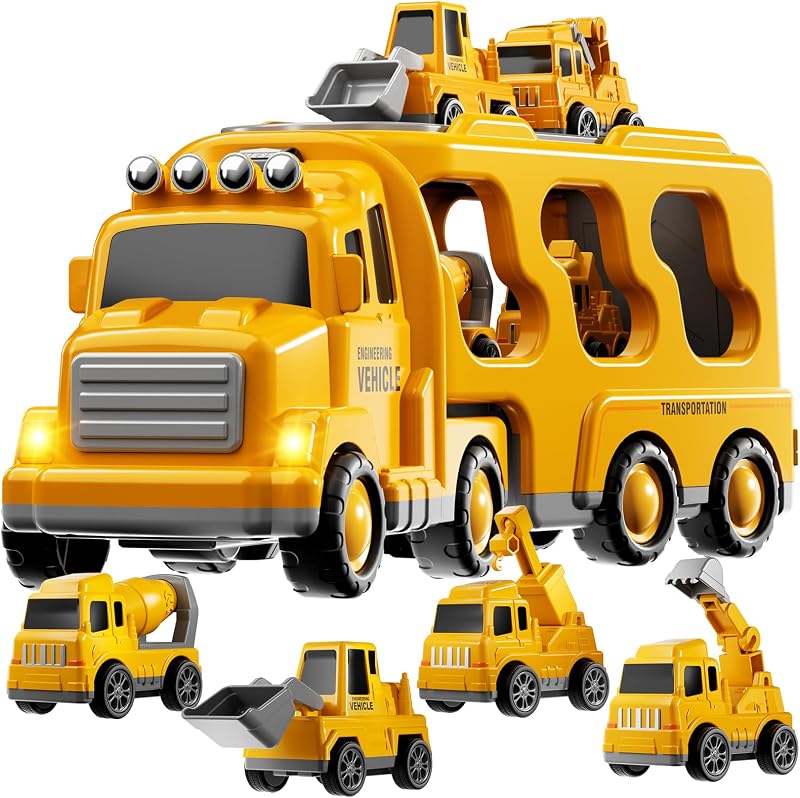 5-in-1 Construction Trucks Toys for 3 4 5 Years Old Boys | Carrier Transport Vehicle Truck for Toddlers 3-4 Years with Crane, Mixer, Pushdozer and Excavator, Car Toys Birthdays Gift