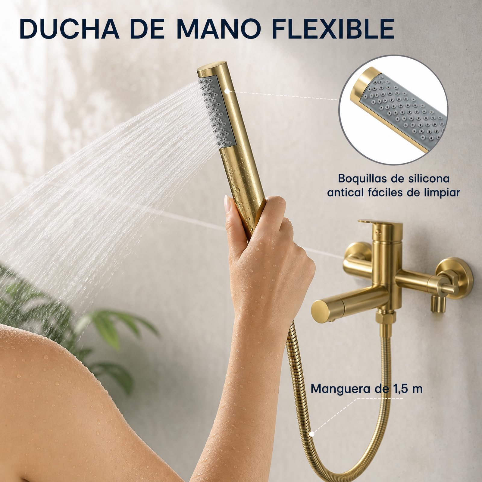 Grifo de bañera y ducha monomando dorado con ducha de mano, latón