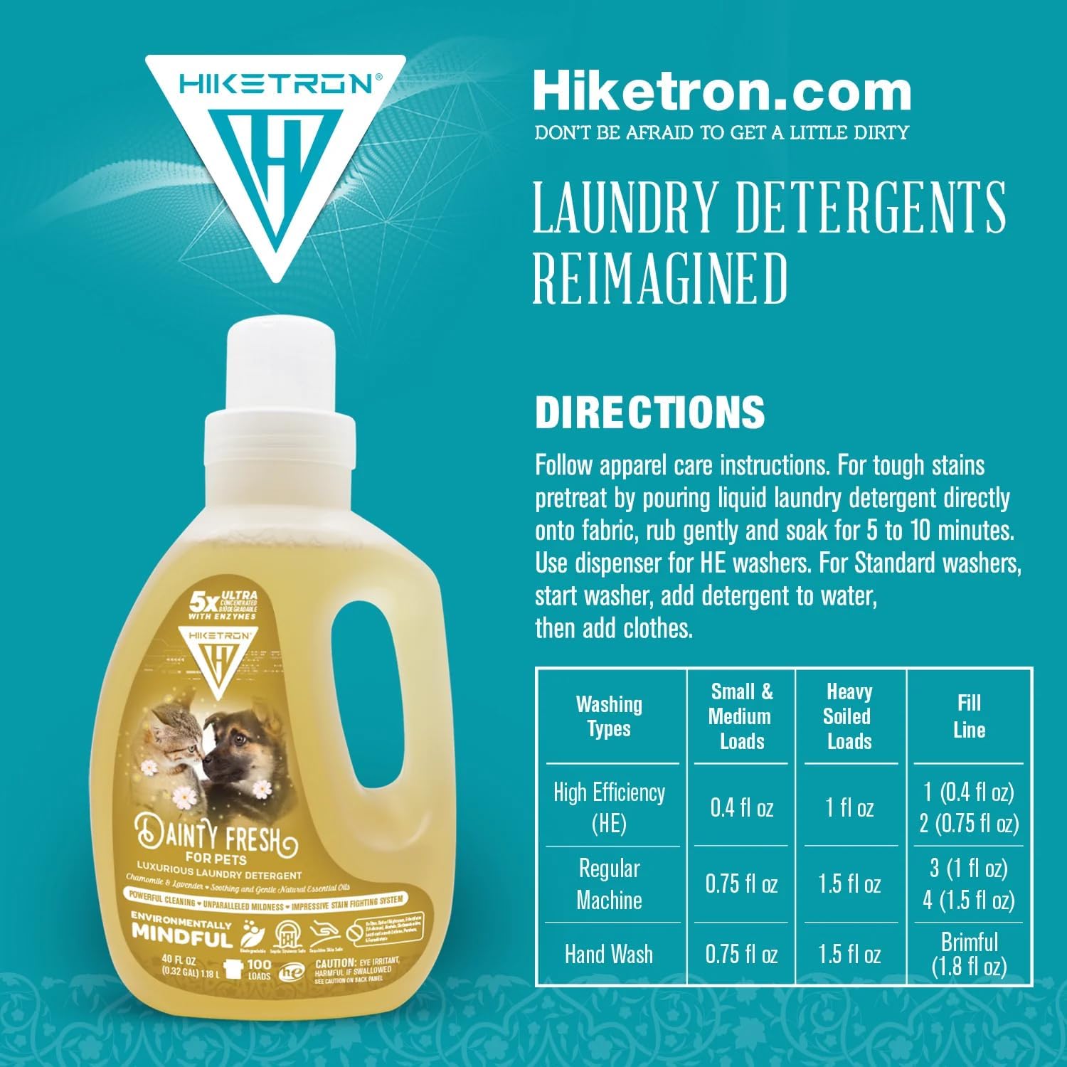 Hiketron Dainty Fresh For Pets Liquid Laundry Detergent, 5x Ultra Concentrated, Tough Stains Remover, Long Lasting Scent (40 Fl Oz, Pack of 1)