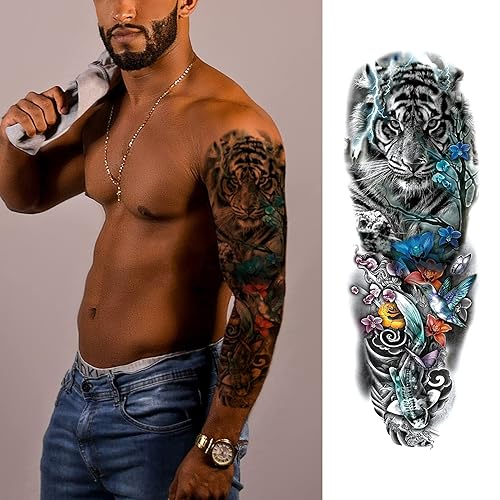 Miniatura 6 de Tatuaje temporal de brazo completo de Halloween para hombres, 12 hojas de largo x 19 pulgadas de ancho x 7 pulgadas, tatuajes falsos impermeables