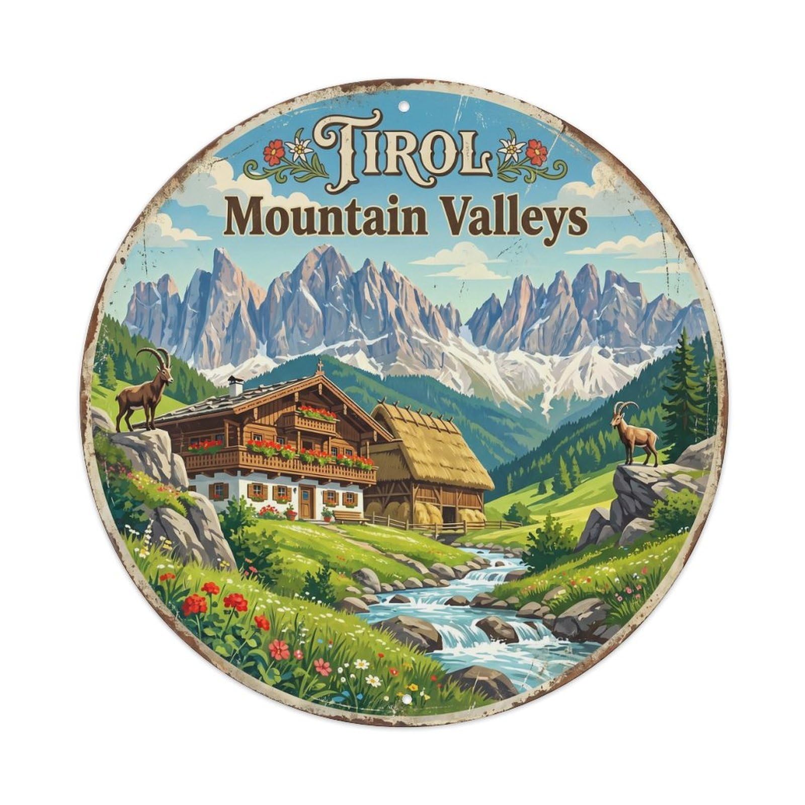 Vintage Travel Tirol Mountain Valley Metal Tin Sign Plaque Wall Decor for Cafe, Club, Garden Round Metal Poster 8x8Inch