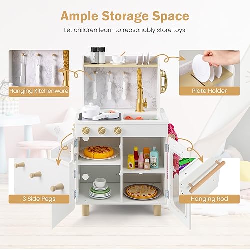 Miniatura 7 de INFANS Juego de cocina para niños, juego de cocina de madera para niños pequeños con estufa de teléfono, gabinete de almacenamiento de microondas,