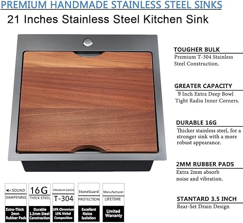 Miniatura 2 de SHACO Fregadero de cocina negro de 21 pulgadas, 21 x 20 pulgadas, montaje superior negro plomizo de acero inoxidable calibre 16, estación de trabajo