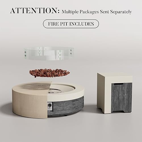 Miniatura 50 de COSIEST Fogata cuadrada de propano de piedra arenisca para exteriores de 35 pulgadas con protector contra el viento y mesa auxiliar, quemador