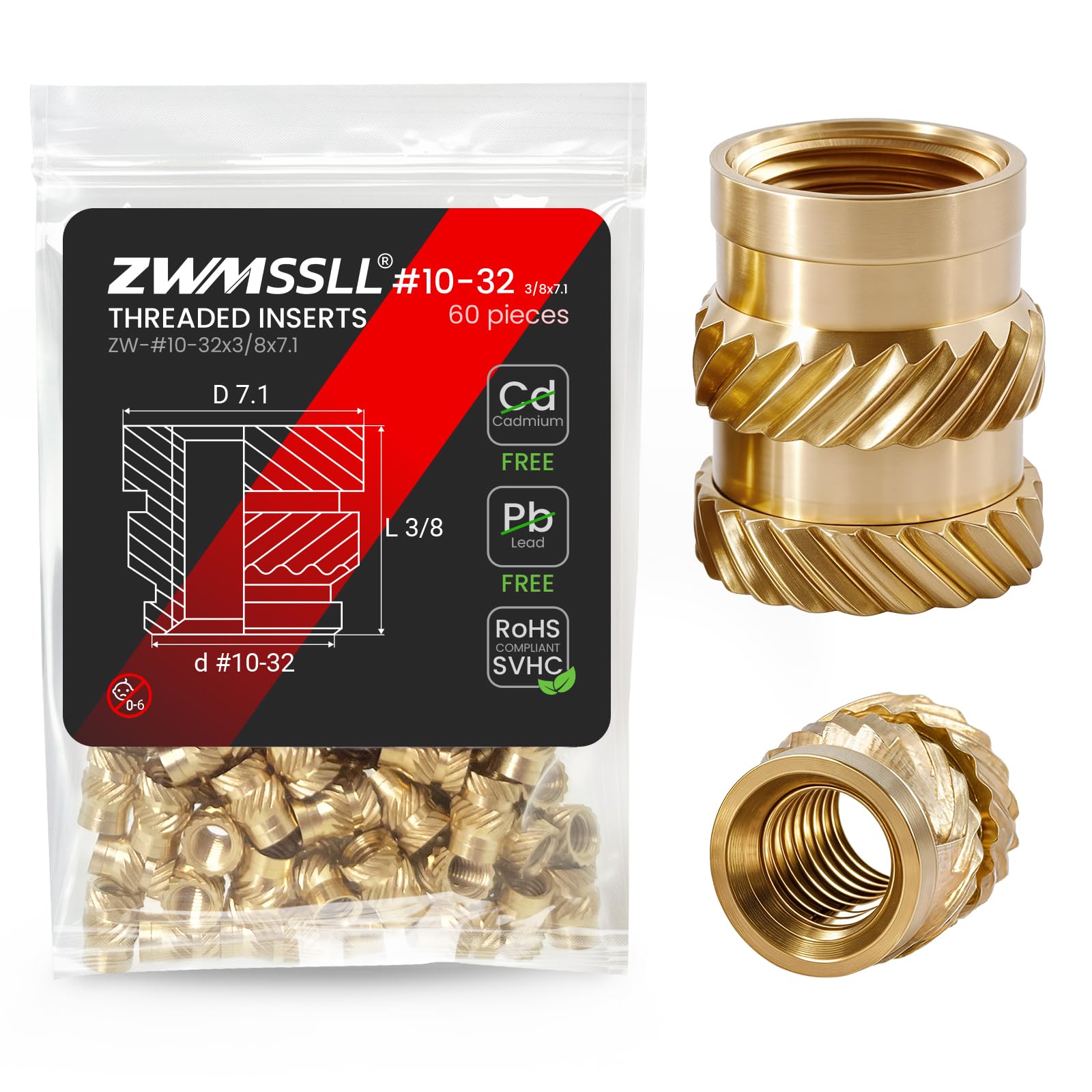 ZWMSSLL #10-32 Heat Set Threaded Inserts,60 Pieces 10-32x3/8x7.1-Inches Brass Heat Set Insert for Plastic Parts,UNF knurled Nuts,Insert by Heat into 3D Printing Components — image 1