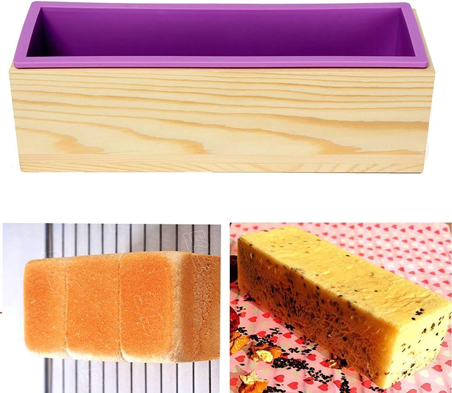Lot de 4 Moules à Savon 1200 ml en Silicone avec Boîte en Bois, Moule à Savon Rectangulaire Amélioré pour Fabrication de Savon DIY, Saponification, Résine et Pâtisserie (Violet)