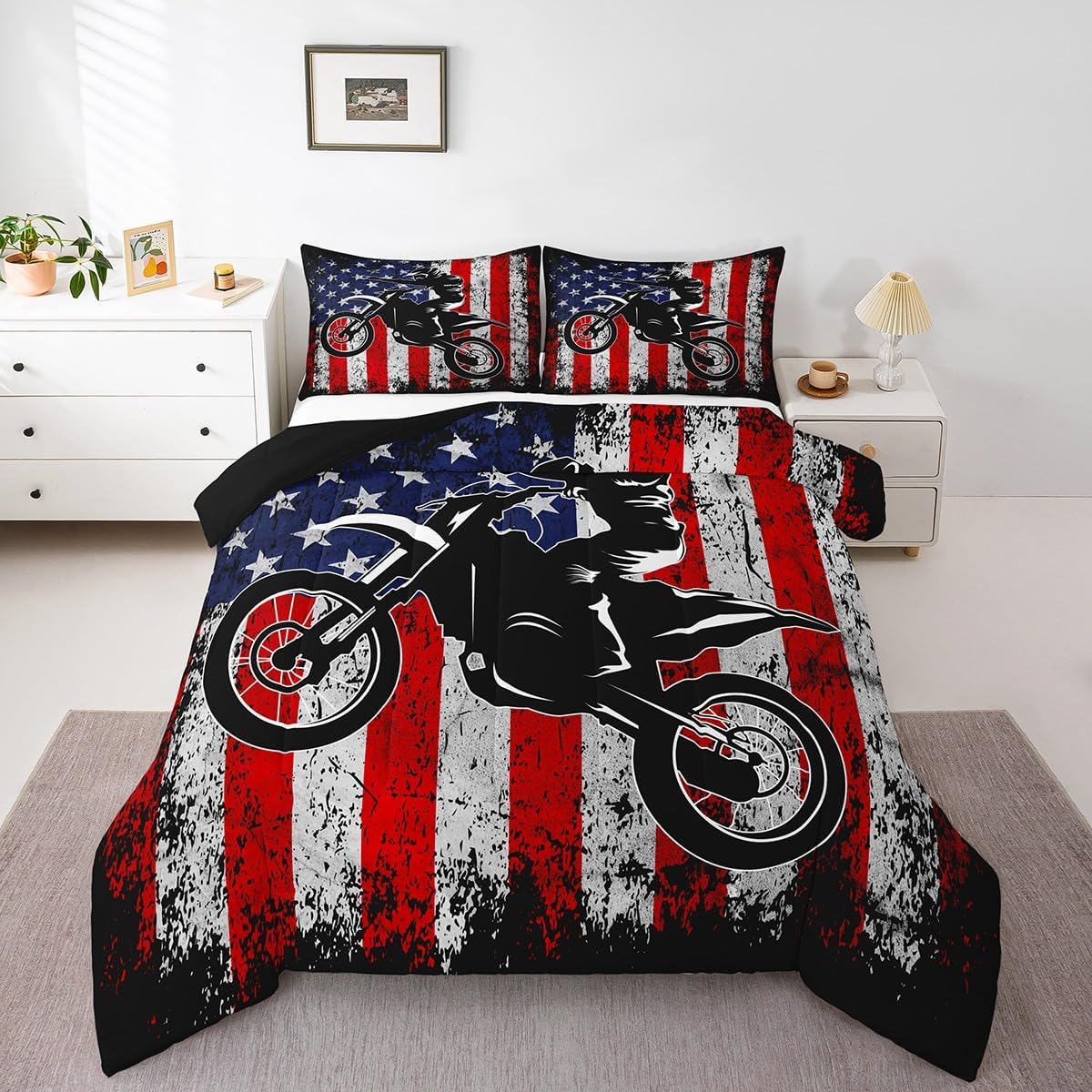 Dirt Bike Comforter Set Twin Motocross Comforter Retro American Flag Bedding Set for Kids Boys Teens Men Grunge Room Decor,Extreme Sports Tie Dye Bed Set Motor Biker Motorcycle Quilt Duvet Set 2 Pcs