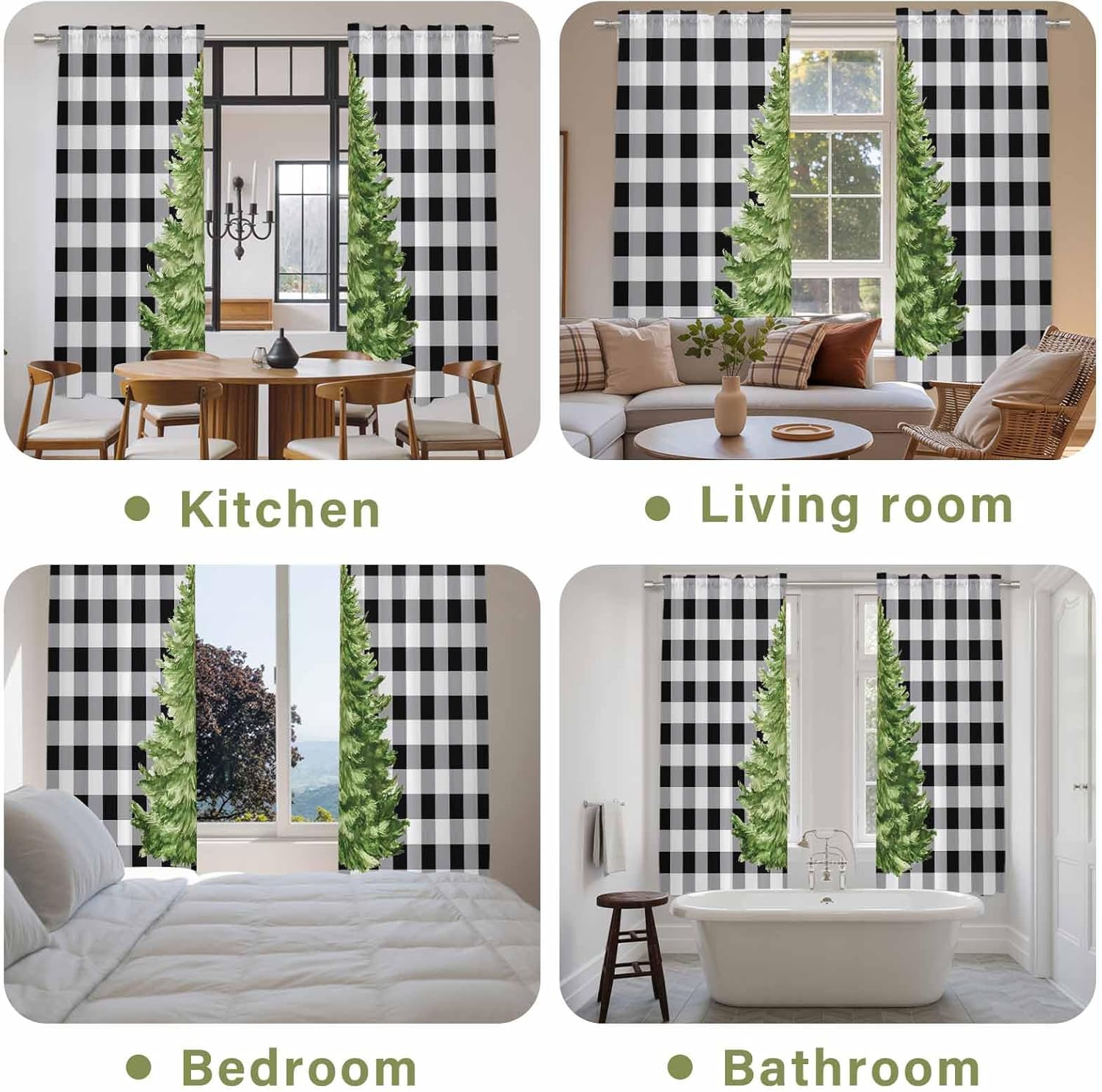 Christmas Tree Window Curtains 72 Inch Long 2 Panel Set,Rod Pocket Long Curtains & Drapes,White Black Plaid Farmhouse Xmas Holiday Light Filtering Window Treatment for Bedroom Living Room 52"W x 72"L