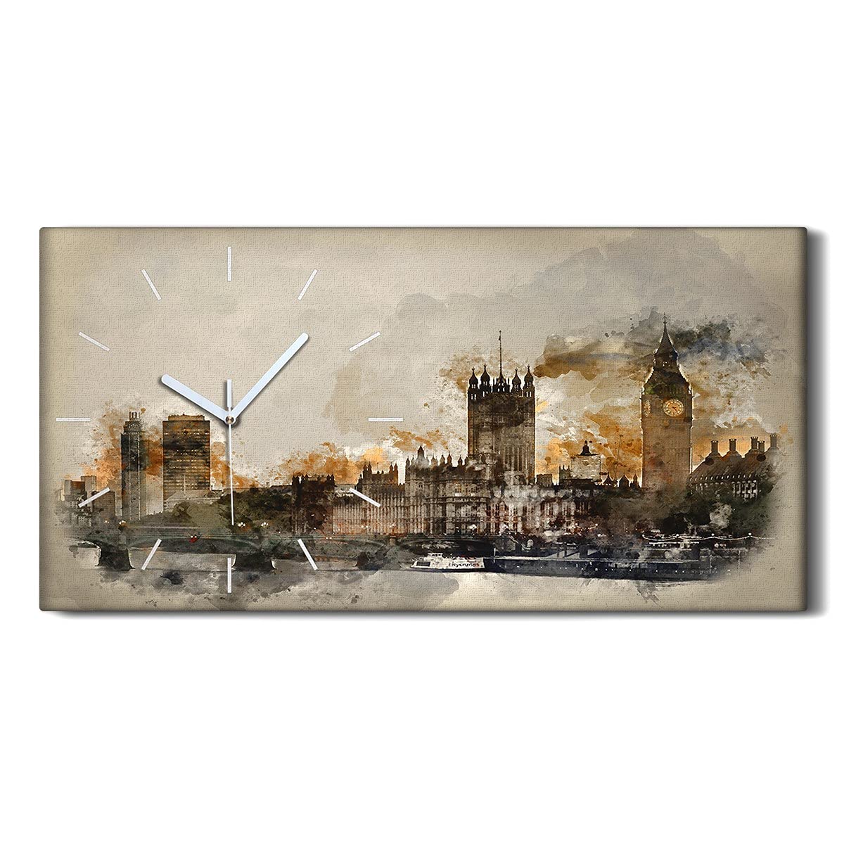 Horloge sur toile 60x30cm Londres design moderne et silencieux pour décoration murale de salon