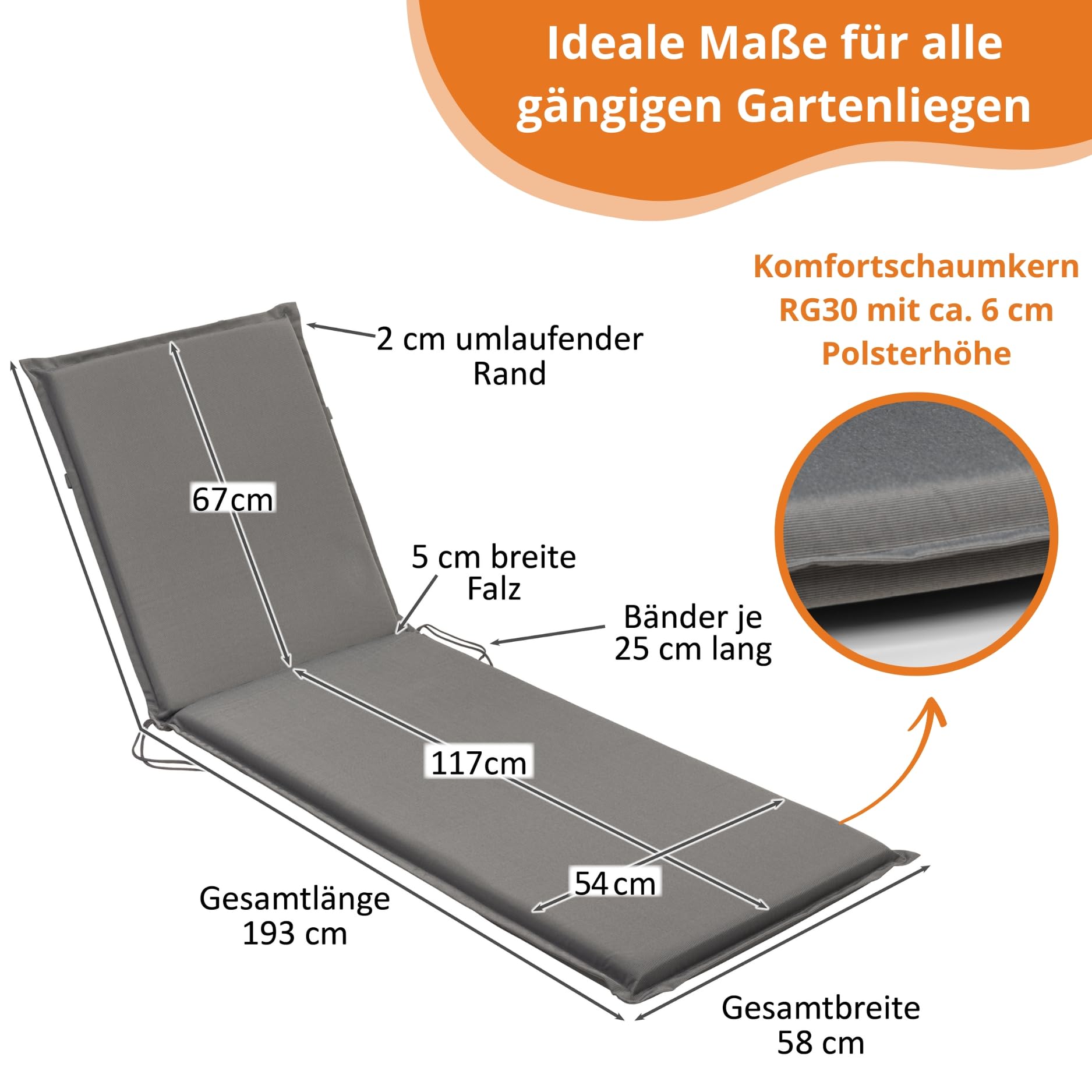 LILENO HOME Set van 1 kussen voor ligstoel 190 x 60 x 60 x 6 cm, antraciet