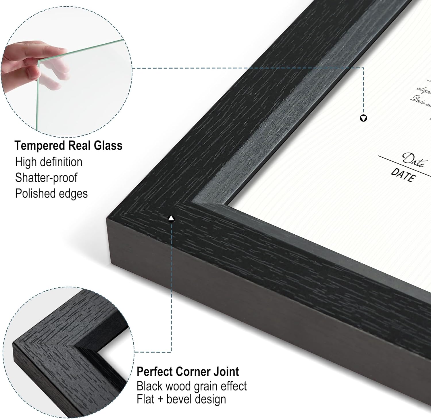 8.5x11 Certificate Frame with Tempered Real Glass, 8.5 by 11 Diploma Frame for Tabletop and Wall Display, Black Wood Grain Document Picture Frame, Set of 2