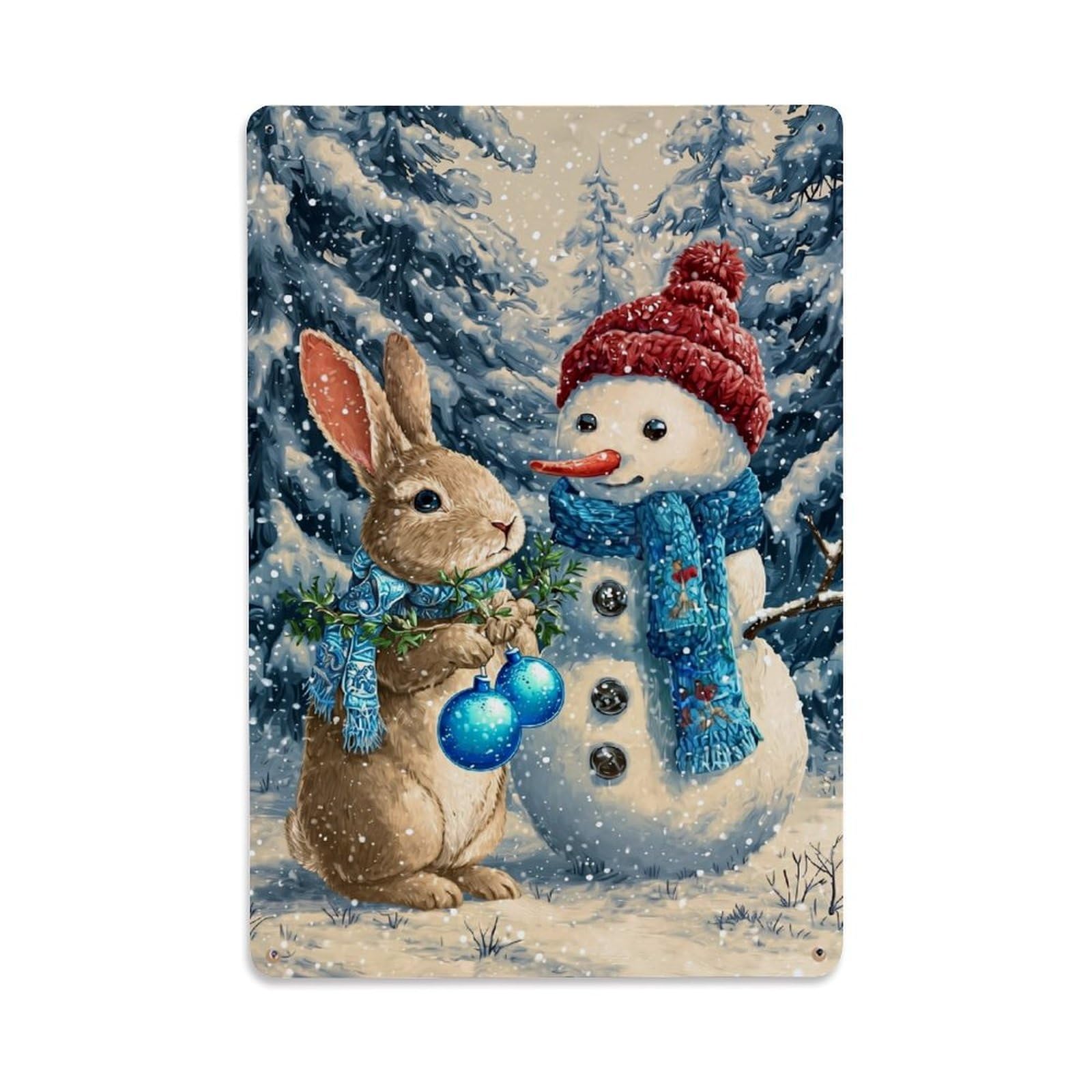 Snowman Rabbit Winter Holiday Scene Retro Metal Tin Sign, Vintage Decor Art Poster for Bar, Home, Man Cave, Kitchen, Laundry Room Gift 8x12Inch