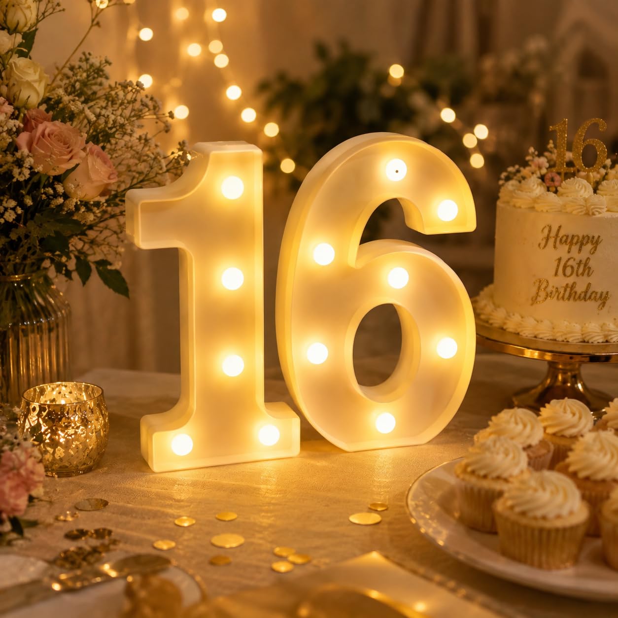 LED Light Up Number 16 Sign, 21.8cm Tall Battery Powered for Birthday Decor