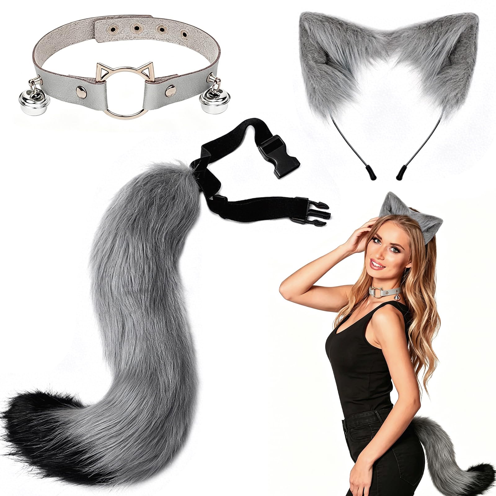 3 Piezas Disfraz de Gato para Mujer con Orejas Gato Cola Collar | Kit Disfraz Gata Accesorios Disfraces Carnaval Mujer, para Pascua Halloween Navidad Fiesta (Gris)