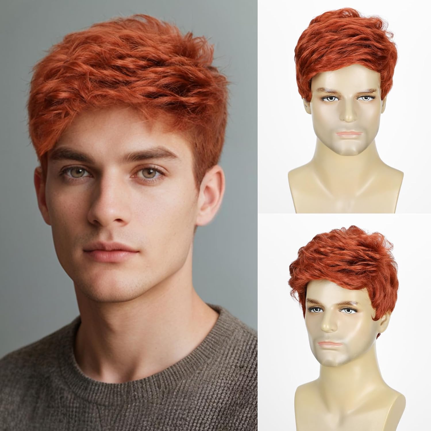 DDHAIR Mens Ginger Wig Short Orange Wig Men, Natural Wavy Textured Synthetic Heat Resistant Hair for Mens Cosplay Halloween (Orange)