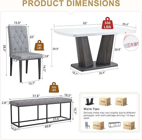 Miniatura 2 de Moderno juego de mesa de comedor con banco, juego de mesa de comedor de mármol de 6 piezas, mesa de comedor blanca con 4 sillas, 1 banco, juego de