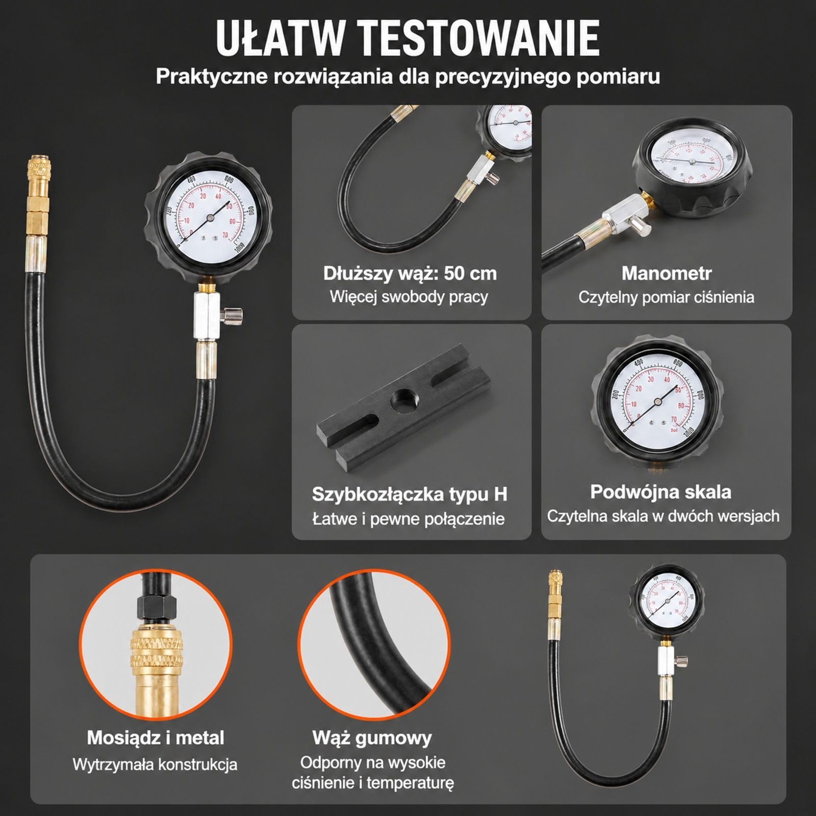 Zestaw testera kompresji z manometrem, przewodem i 4 adapterami do pomiaru cylindrów