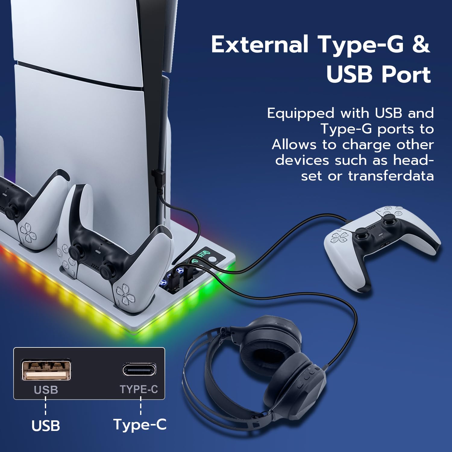 Soporte para PS5 / Slim/Pro, Ventilador de Refrigeración de 3 Velocidades, Cargador de Controlador para PS5 con Indicador RGB, Estación de Carga PS5 Slim Digital/Disc Edition con 2 USB