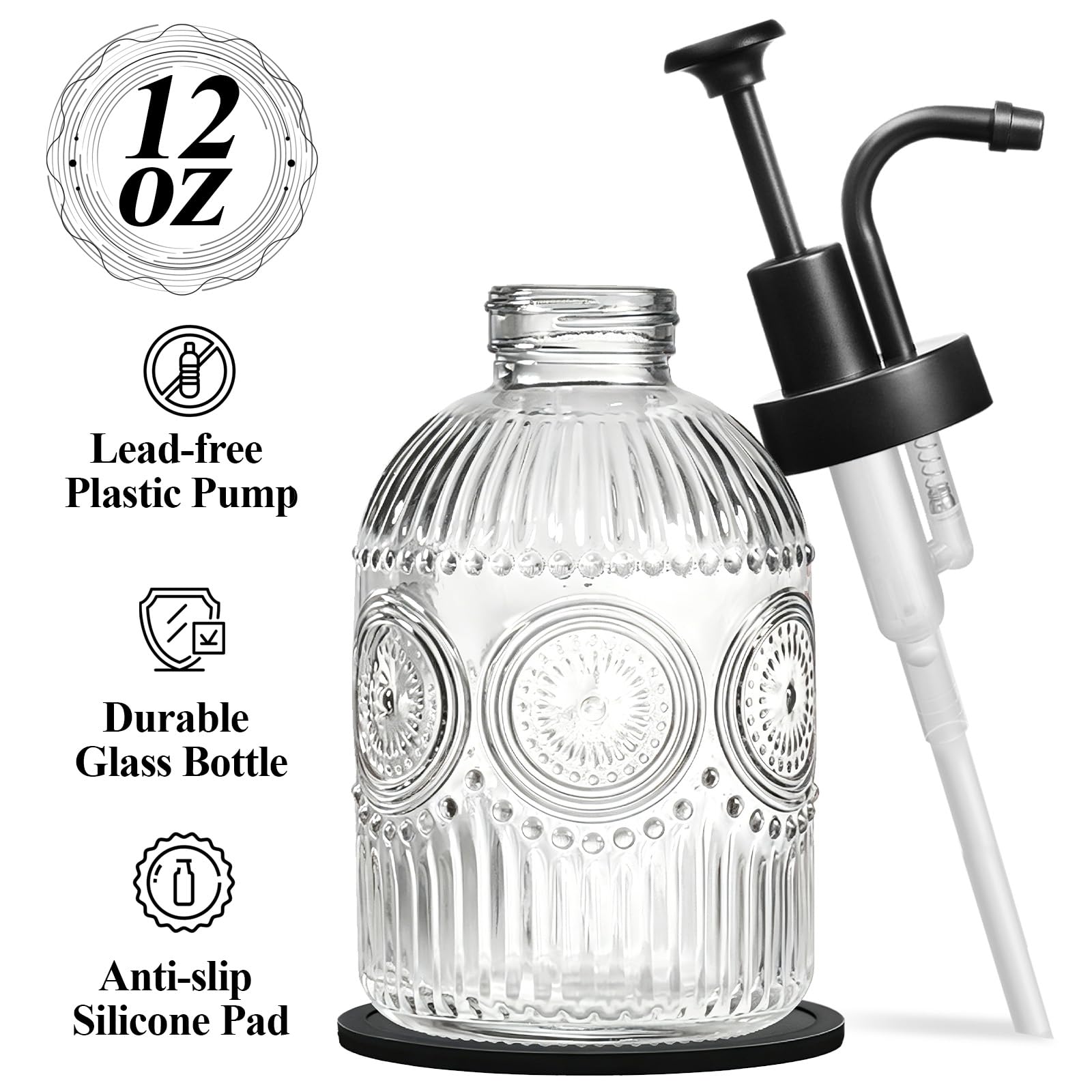 SheeChung 12Oz Vintage Glass Bathroom Soap Dispenser, Kitchen Dish Soap Dispenser with Pump, Refillable Liquid Hand Soap Bottle, Lotion, Antique Rustic Farmhouse Decor (Clear-Black Pump, 1 Pack) - 4