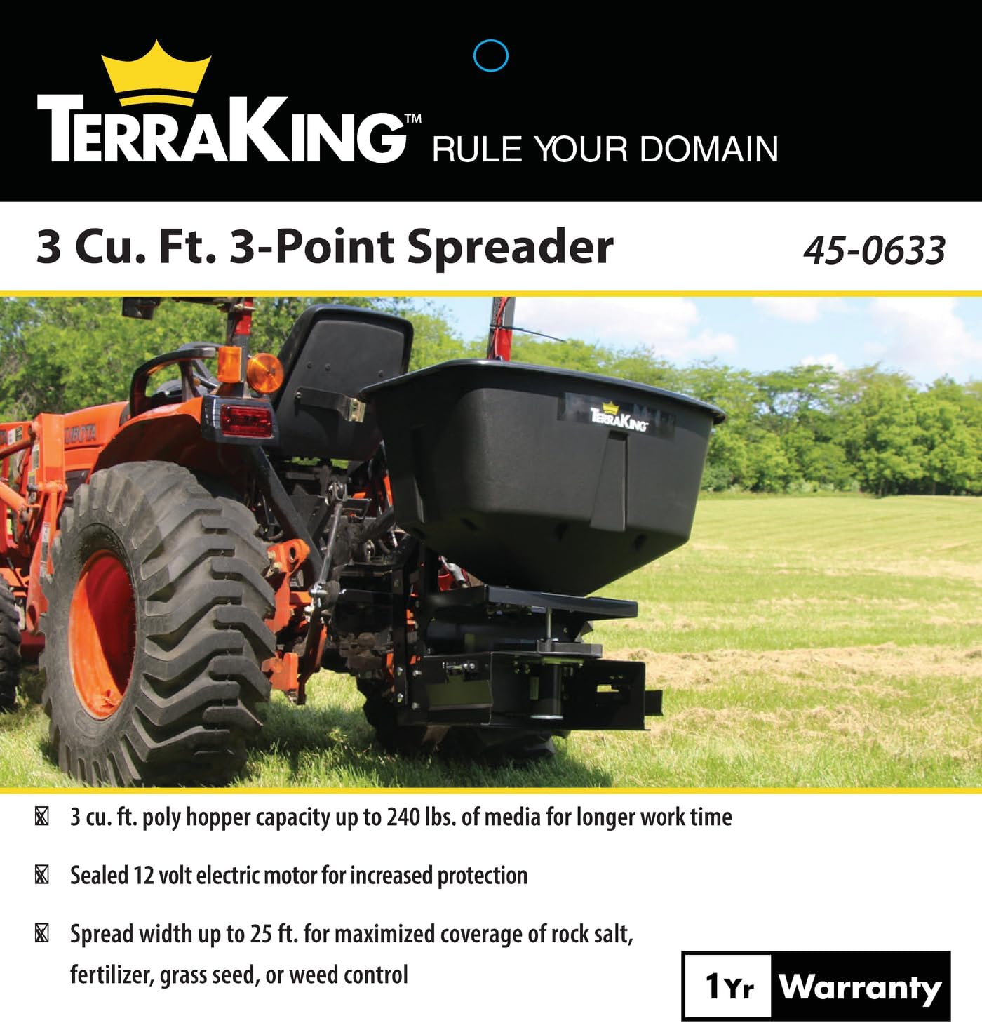 Front view of the TerraKing 45-0633 ATV/UV Spreader attached to a tractor.
