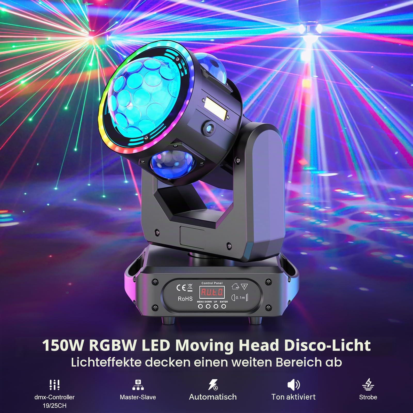 Moving Head LED 150W 3-in-1 Beweglicher Scheinwerfer 3-Achse Discolicht DMX512 Stage Licht RGBW Strobe Effekt für Party Familie Hochzeit Geburtstag