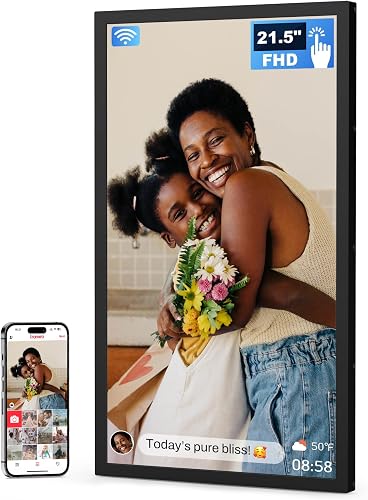 FRAMEO 21.5 Inch Large Digital Photo Frame with 1920 x 1080 IPS FHD Touch Screen, 32GB WiFi Digital Photo Frame, Wall Mounting, Photo/Video Sharing via Apps, Email, Plug