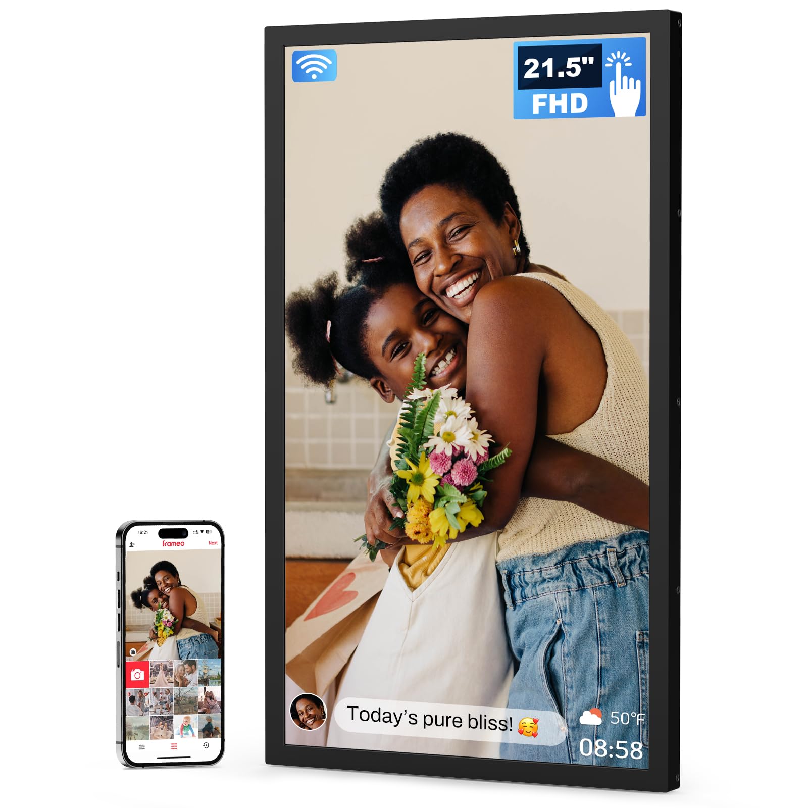 FRAMEO 21.5 Pollici Touchscreen Grande Cornice Fotografica Digitale 1920x1080 WiFi Digital Picture Frame 32GB, Sicurezza Condividi Foto/Video tramite APP, USB/Mirco SD, Facile Impostazione, Regali per