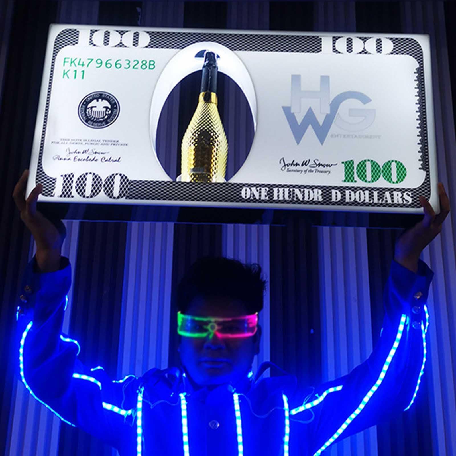 Display LED ricaricabile per bottiglie di champagne con barra luminosa e aspetto da 100 banconote, ideale per discoteca, villa e segnaletica VIP per feste private