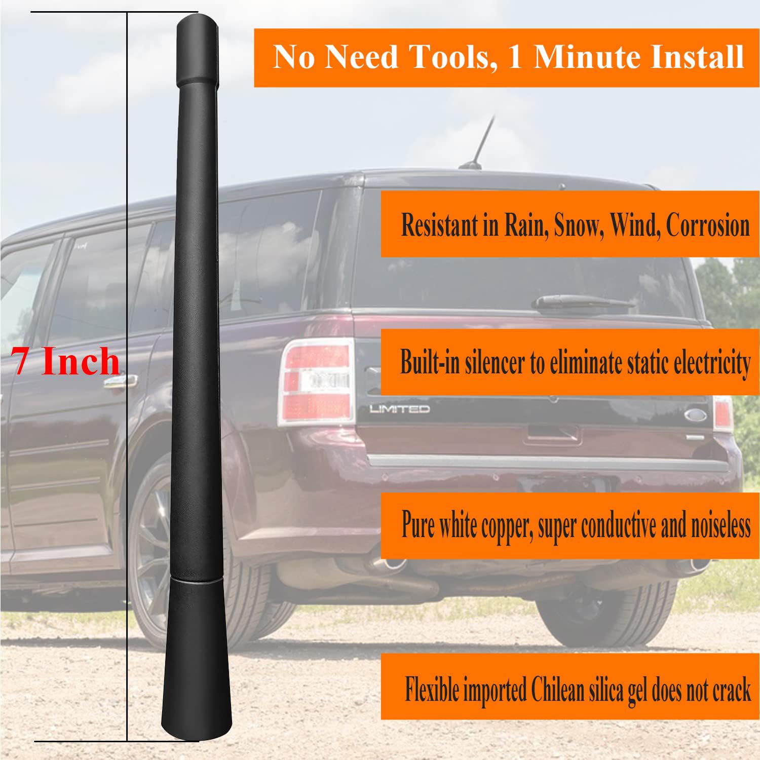 7 Inch Antenna Replacement for Ford Flex (2009-2018), Ford Flex Antenna, Flexible Rubber Antenna Mast