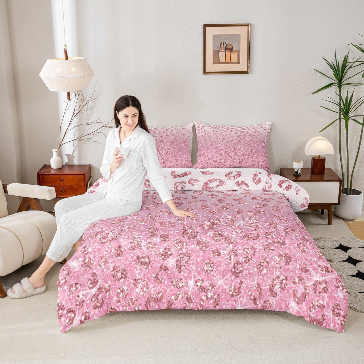 jejeloiu Diamond Sequins Comforter Dreamy Princess Style Bedding Set Boys Girls Teens Room Decor Gradient Pink Duvet Set Toddler Size Silver Shiny 2Pcs Breathable Soft Lightweight