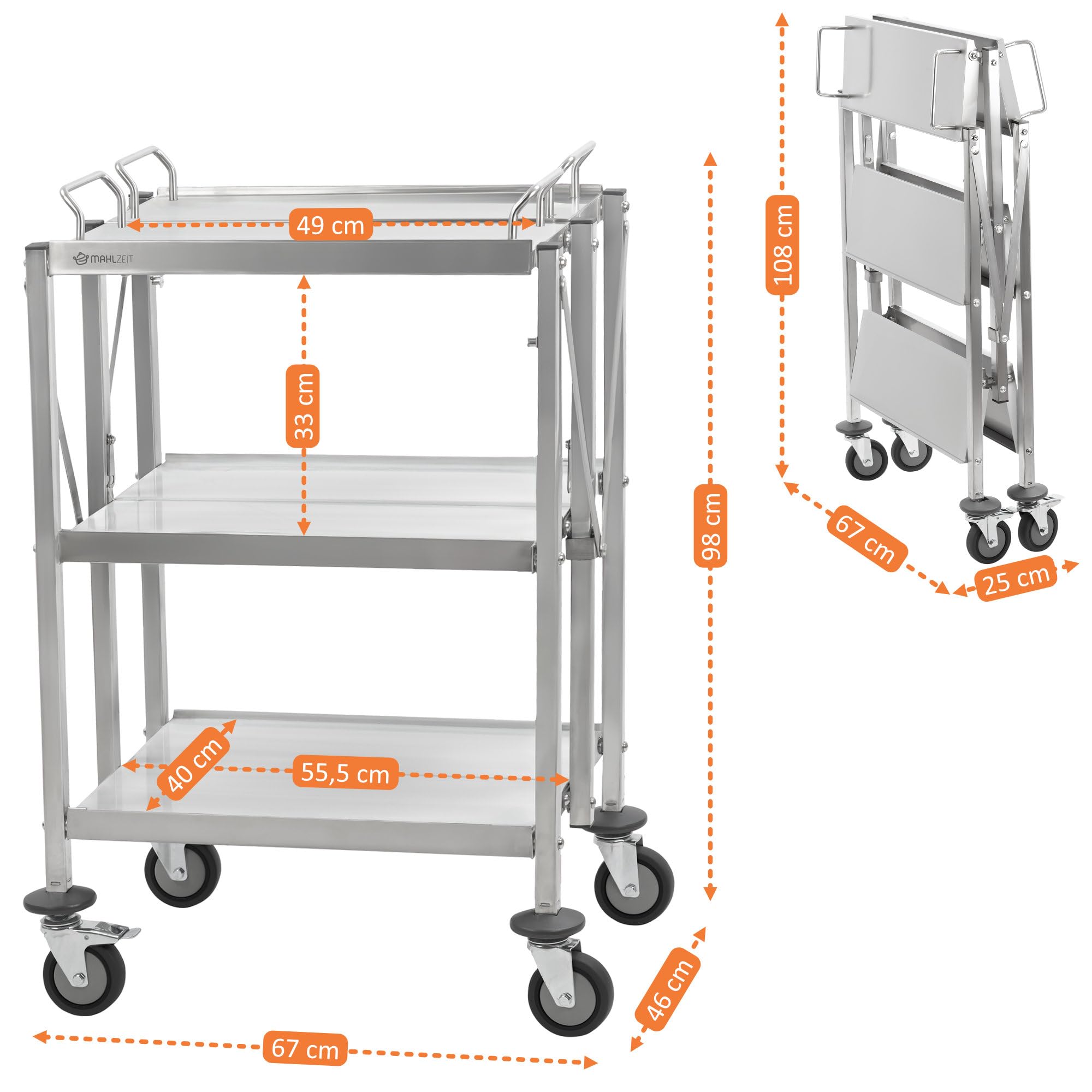 Mahlzeit Faltbarer Servierwagen Edelstahl mit 3 Etagen | 67 x 46 x 98 cm | klappbarer Küchenwagen mit Rollen | Beistelltisch für Küche & Grill