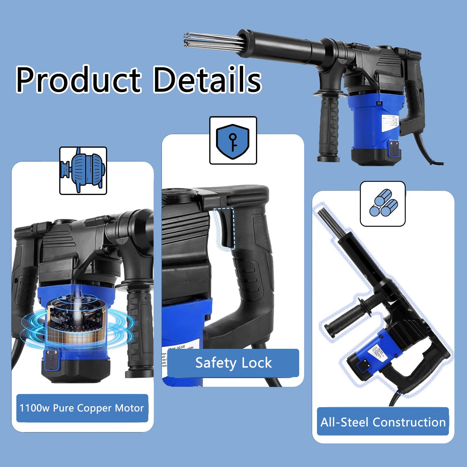 Desincrustador eléctrico de Agujas de 1100 W - Pistola Industrial para Eliminar óxido con empuñadura Tipo Pistola y Mango Giratorio de 360° para Eliminar eficazmente óxido (110v)