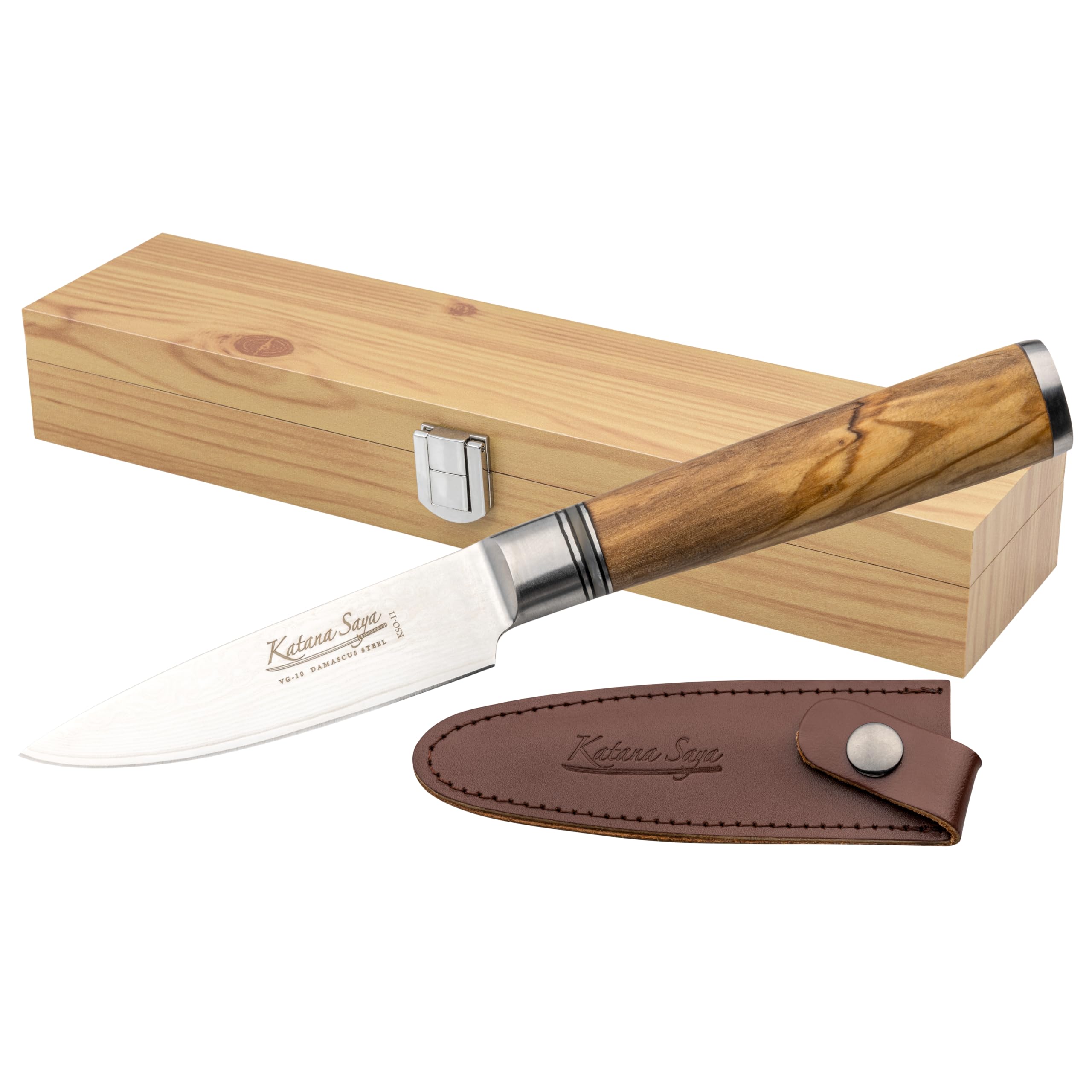 Katana Saya Silver 9Cm Paring Knife, 67-Layer Vg-10 Damascus Stainless Steel, Olive Wood Handle,