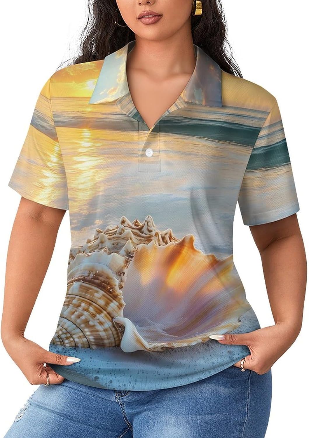Large Conch Beach Sunset Women's Golf Polo Shirts Short Sleeve Quick Dry Tennis Tops Casual Work Blouses