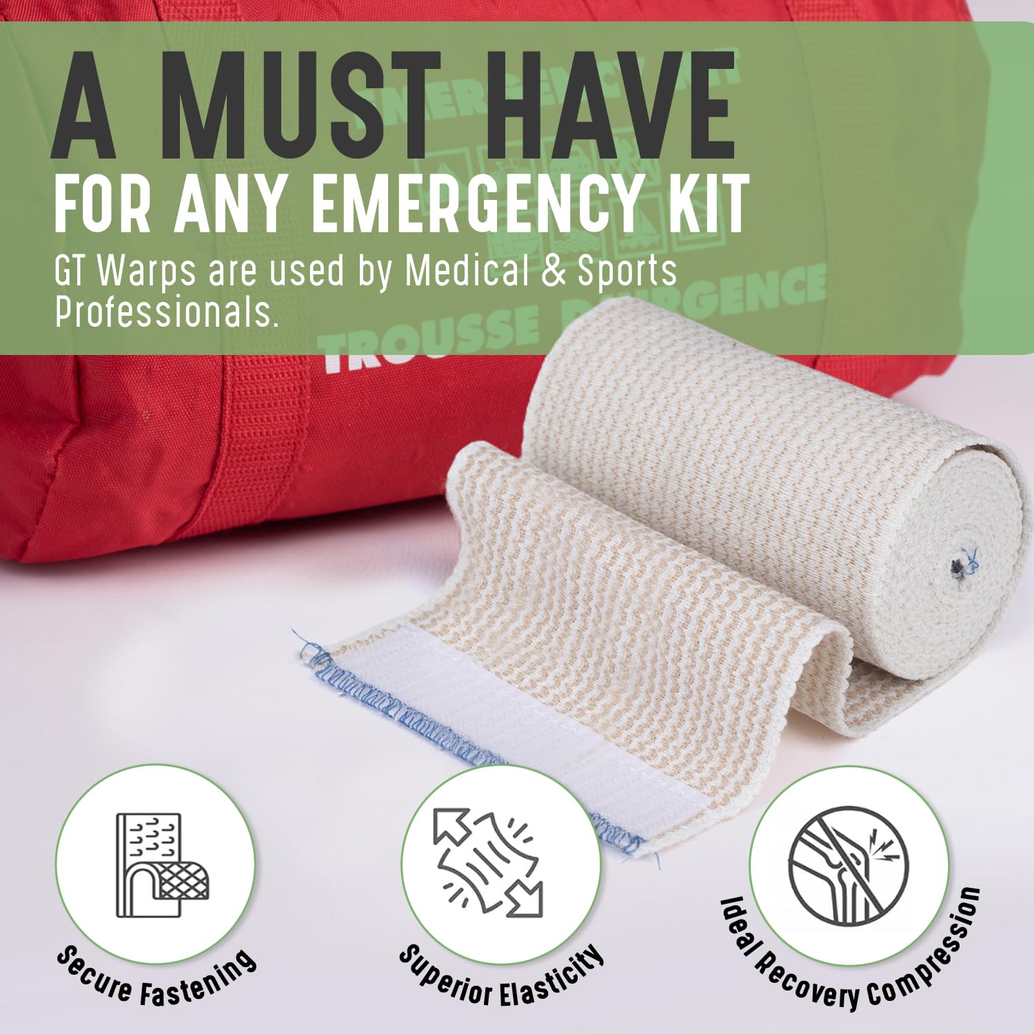 Premium Elastic Bandage Wrap made of USA Grown Organic Cotton - Hook & Loop Fasteners at Both Ends - GT Latex Free Hypoallergenic Compression Roll for Sprains & Injuries (4" Wide, 12 Pack)