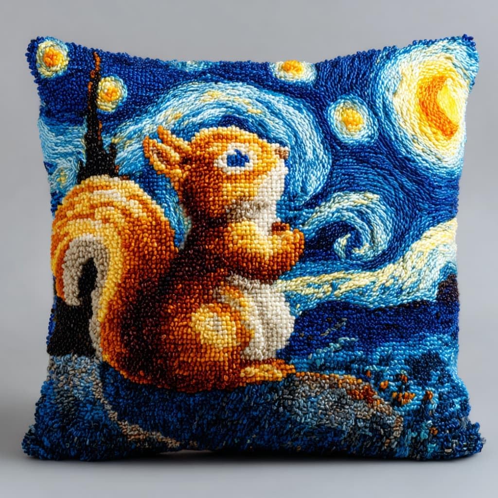 WallustrioaW Latch Hook Pillow Kit -Squirrels Embroidery Art Craft Kit - All Ages - Unisex - 43X43Cm