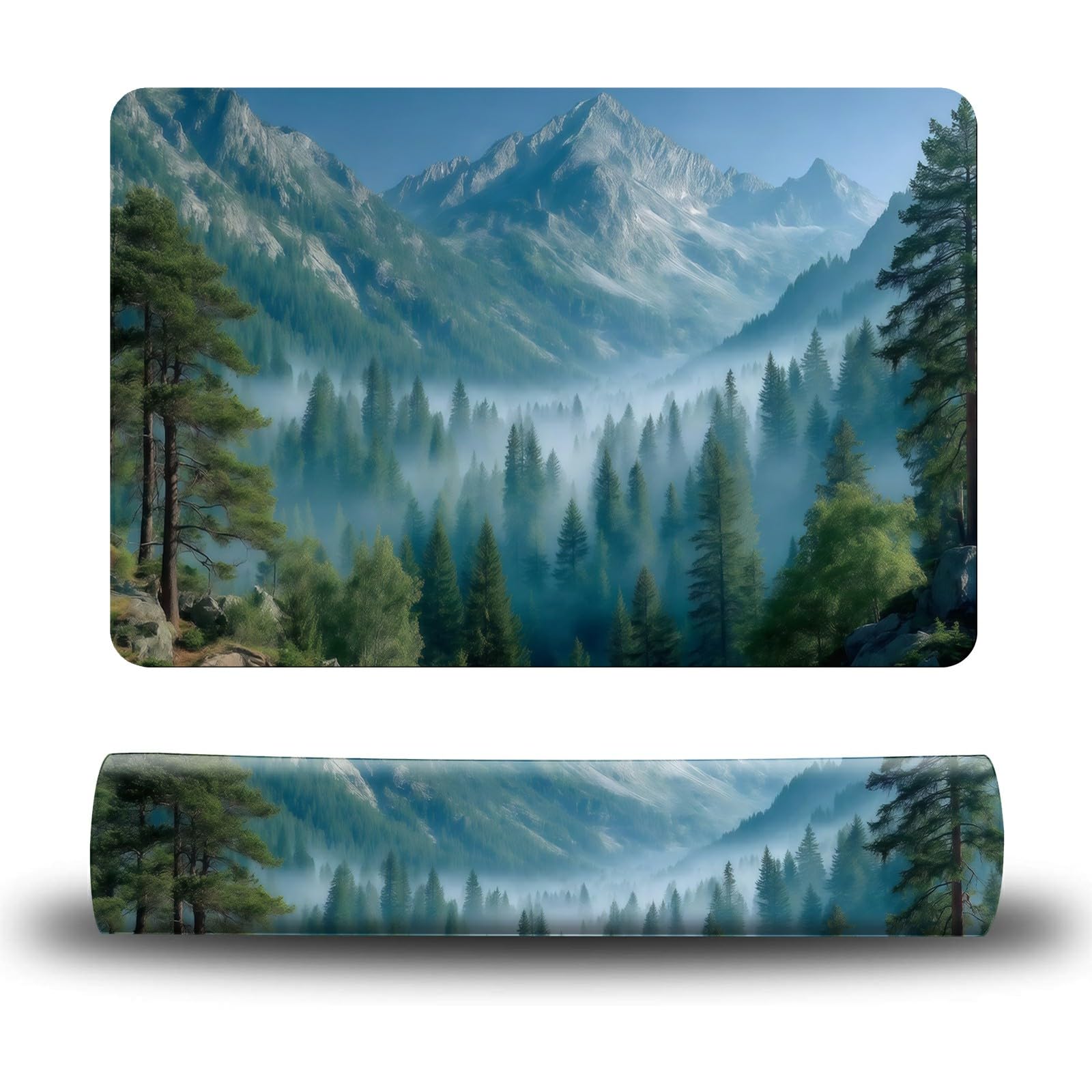 Dikoer Dog Food Mat, 15.7" x 23.6" Absorbent Pet Feeding Mat for Food and Water, Waterproof Diatom Mud Pet Placemat with Non-Slip Rubber Backing, Cat Bowl Mat for Floors - Green Forest Mountains
