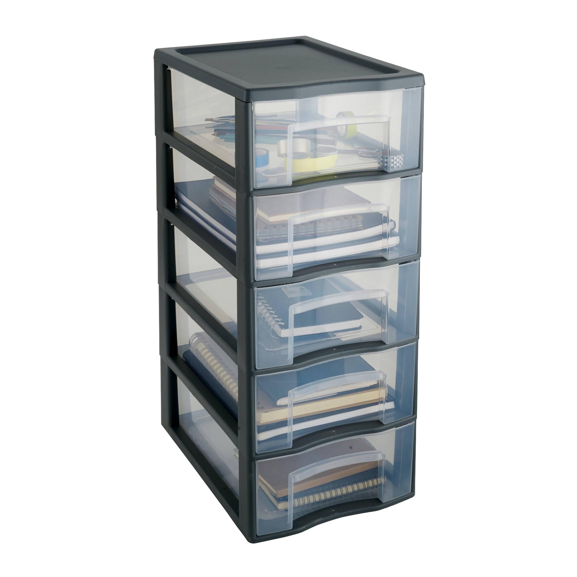 SUNDIS Tag Tower, torre de almacenamiento de plástico, 5 cajones A4 | Altura 61 cm, negro, ideal para almacenamiento de oficina, lecciones, documentos, suministros